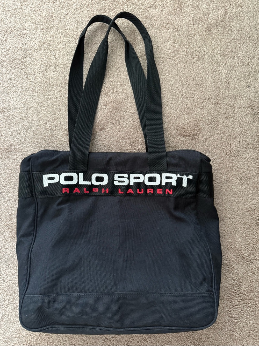 Vintage Polo Sport Ralph Lauren Tote Bag Canvas Lined Zip Closure Black Unisex